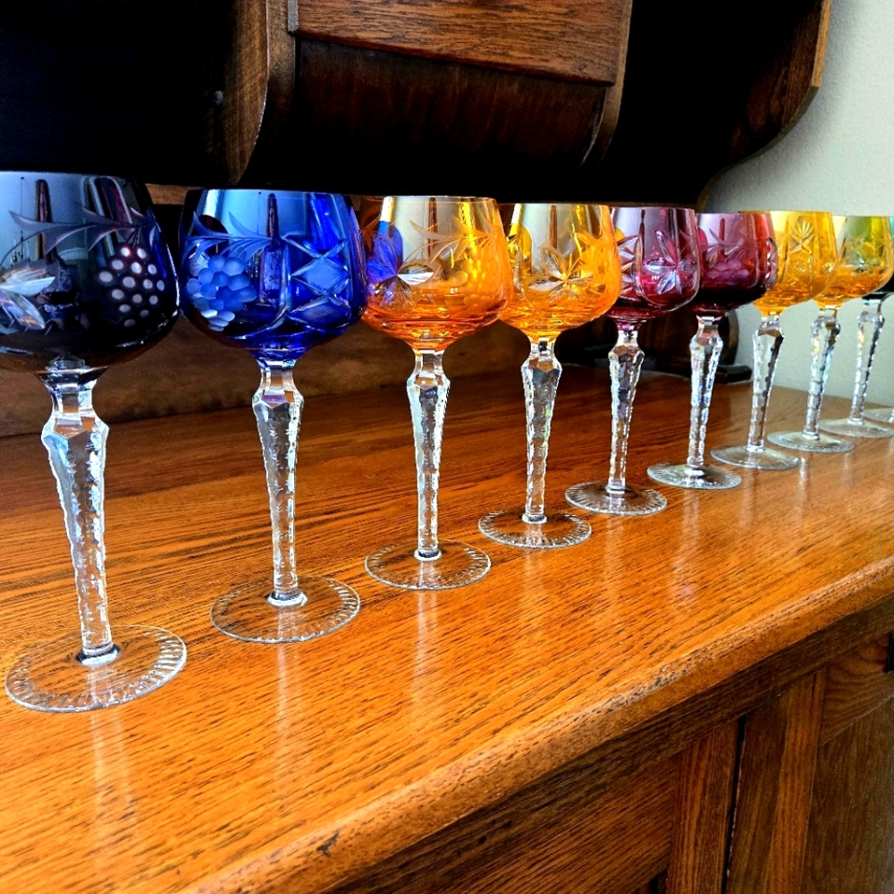 NACHTMANN Vintage Multicolor Traube Cut Crystal Hock Wine‎ Glasses (set of 9)